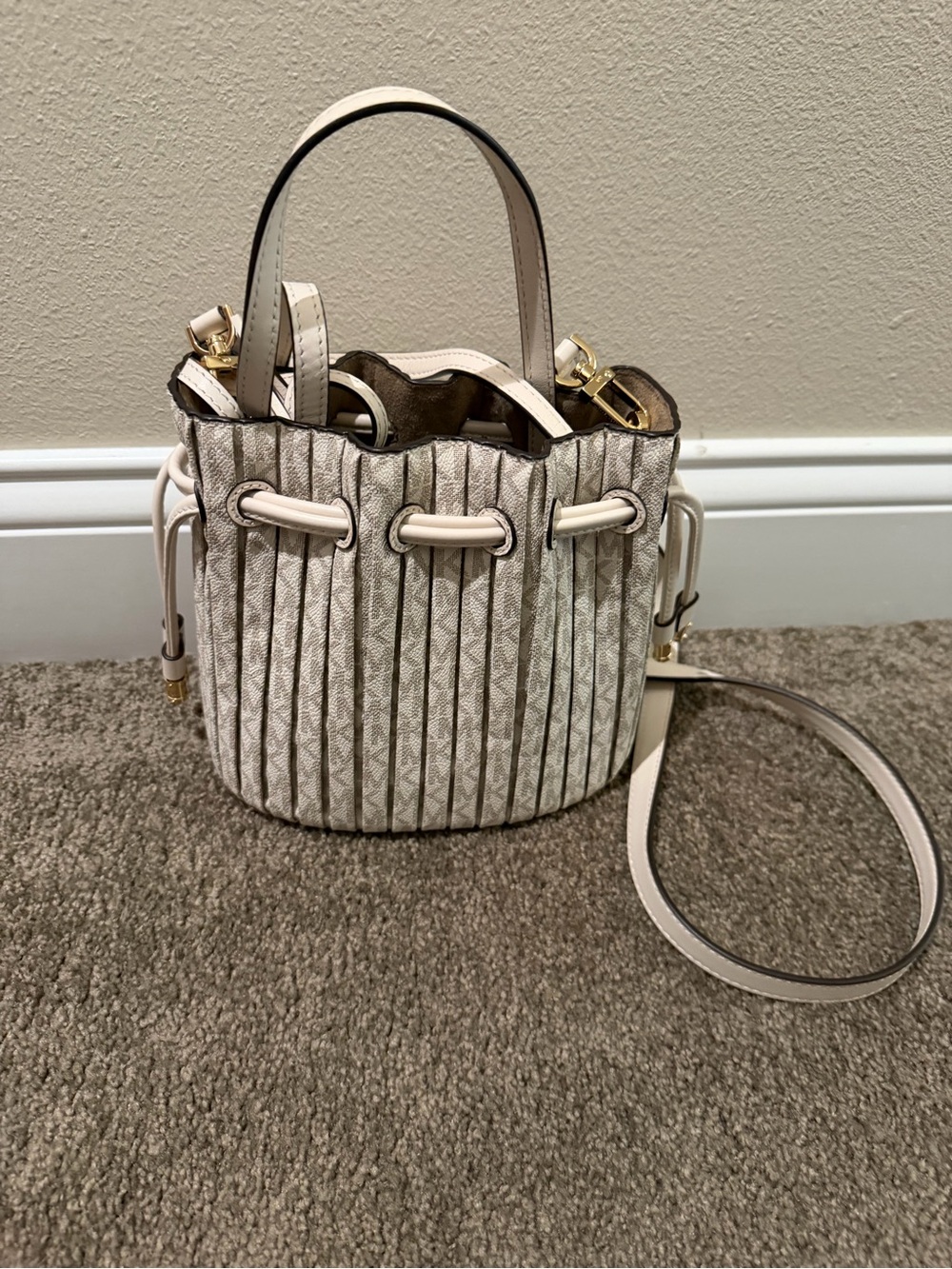 Michael Kors Cream Textured Mini Drawstring Bucket Bag with Top Handle